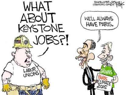 Obama cartoon Keystone Unions Paris Climate 2015