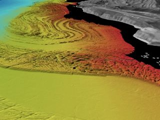 The seafloor along the San Mateo County coast, color-coded for depth (reds = shallower, towards the right, blues = deeper, towards the upper left).