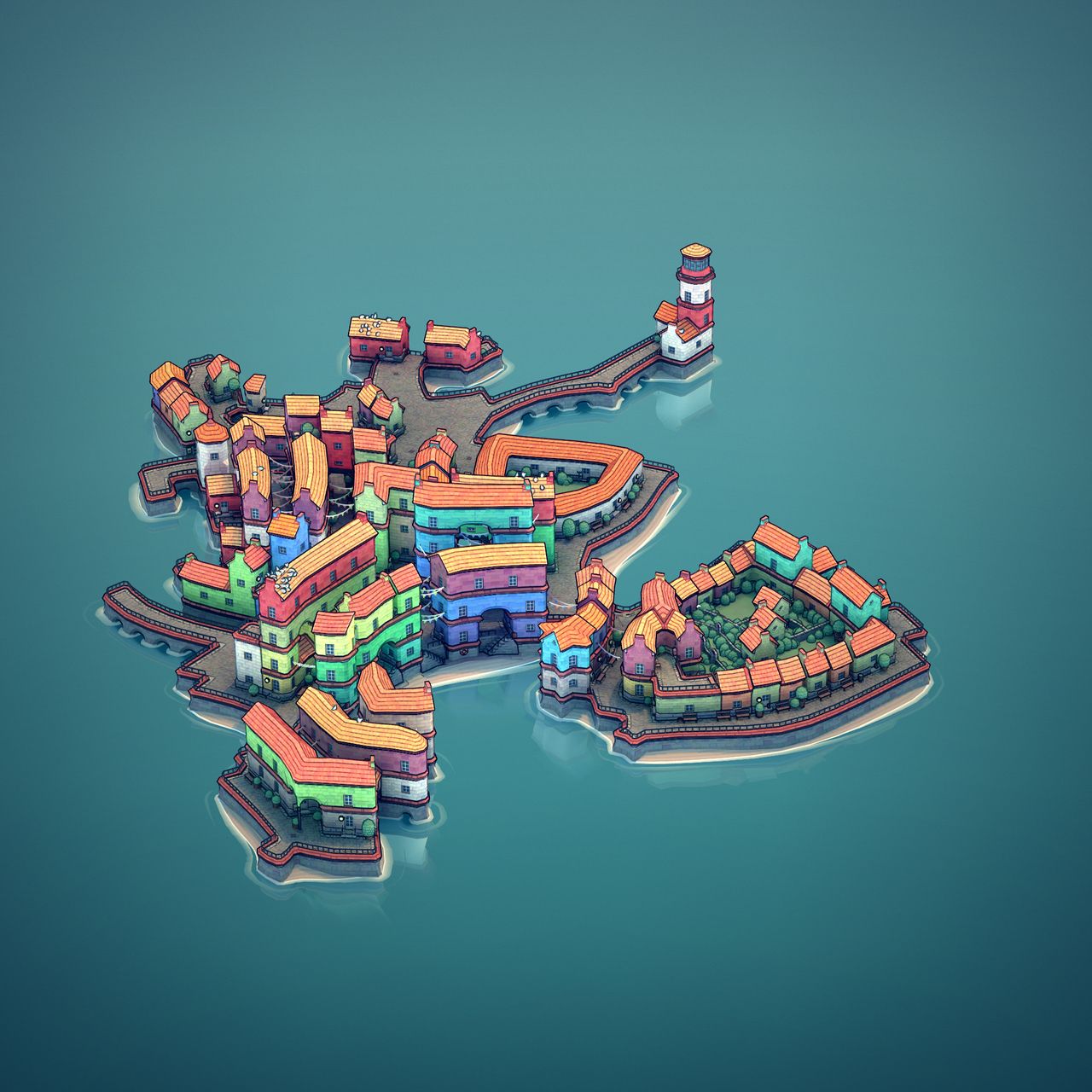 Townscaper town at various angles in daylight