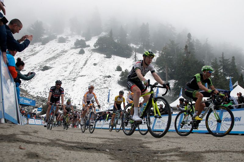 The last of the riders cross the line atop Mount Baldy