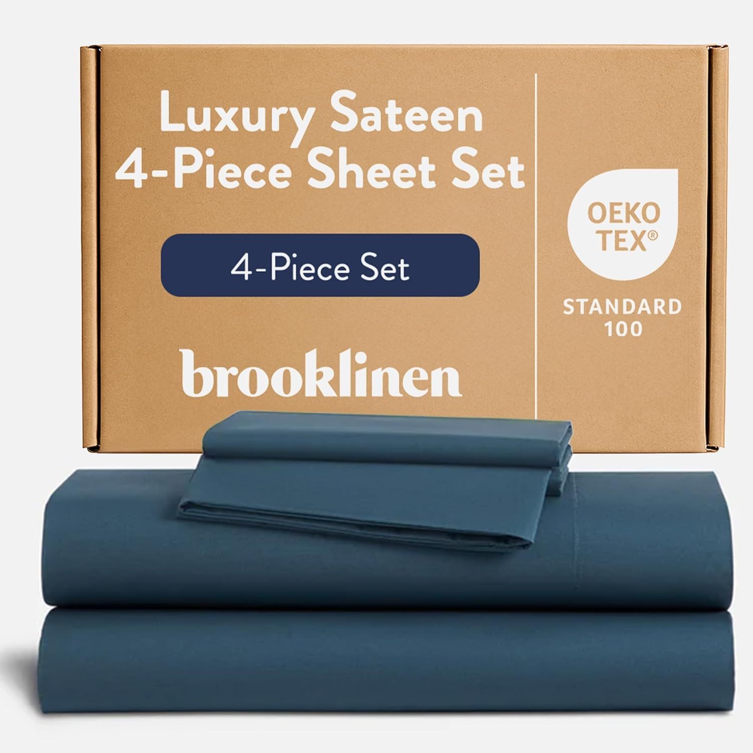Brooklinen, Brooklinen Luxury Sateen 4 Piece Sheet Set - 100% Cotton Bed Sheets, Soft & Durable Twin Sheets Set in Abyss Blue, Oeko-Tex Certified Bedding Set, 1 Fitted Sheet, 1 Flat Sheet, 2 Pillowcases