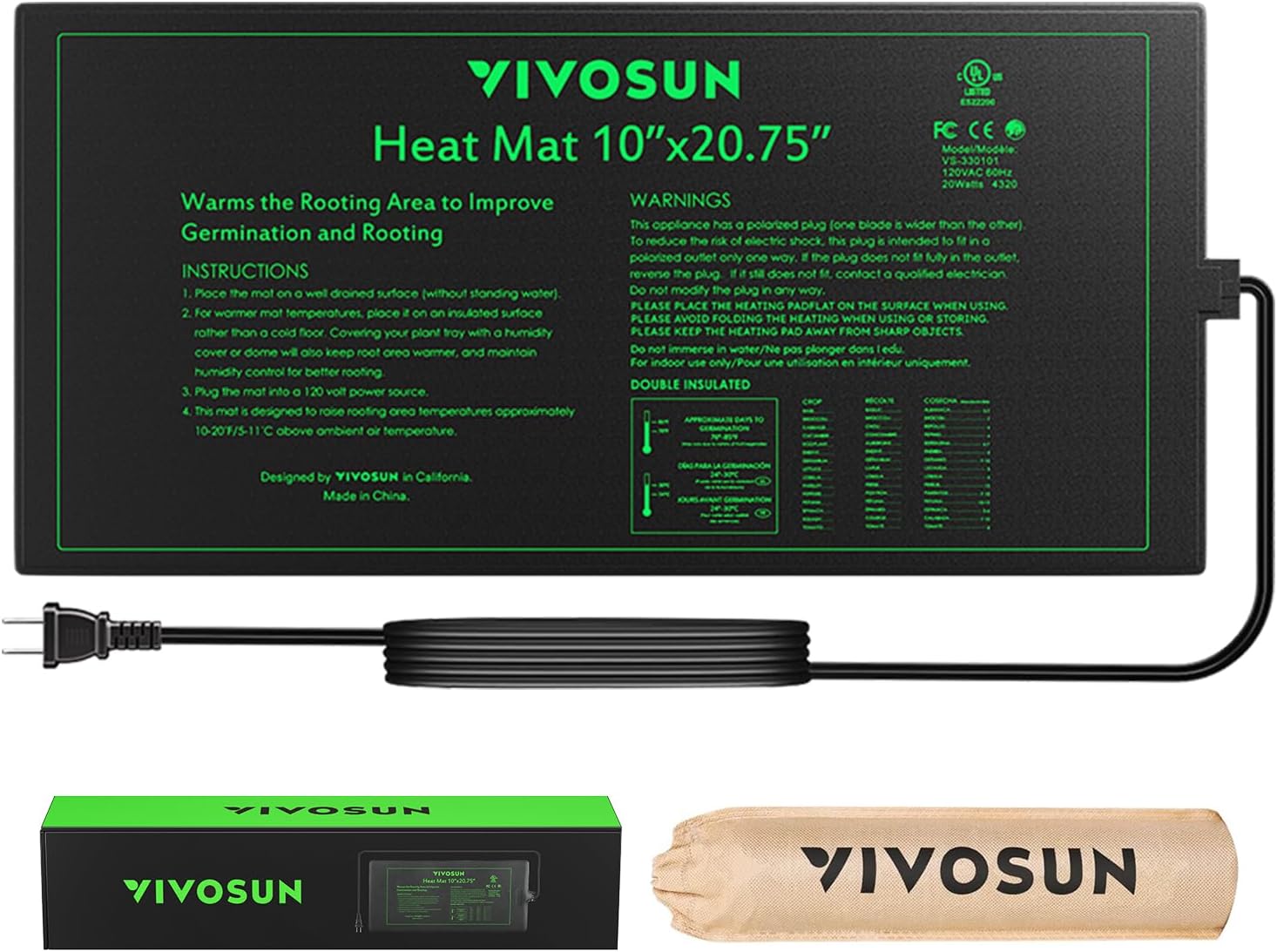 Vivosun Durable Waterproof Seedling Heat Mat 10" X 20.75" Ul &amp;amp; Met-Certified Warm Hydroponic Heating Pad for Germination, Indoor Gardening, Greenhouse