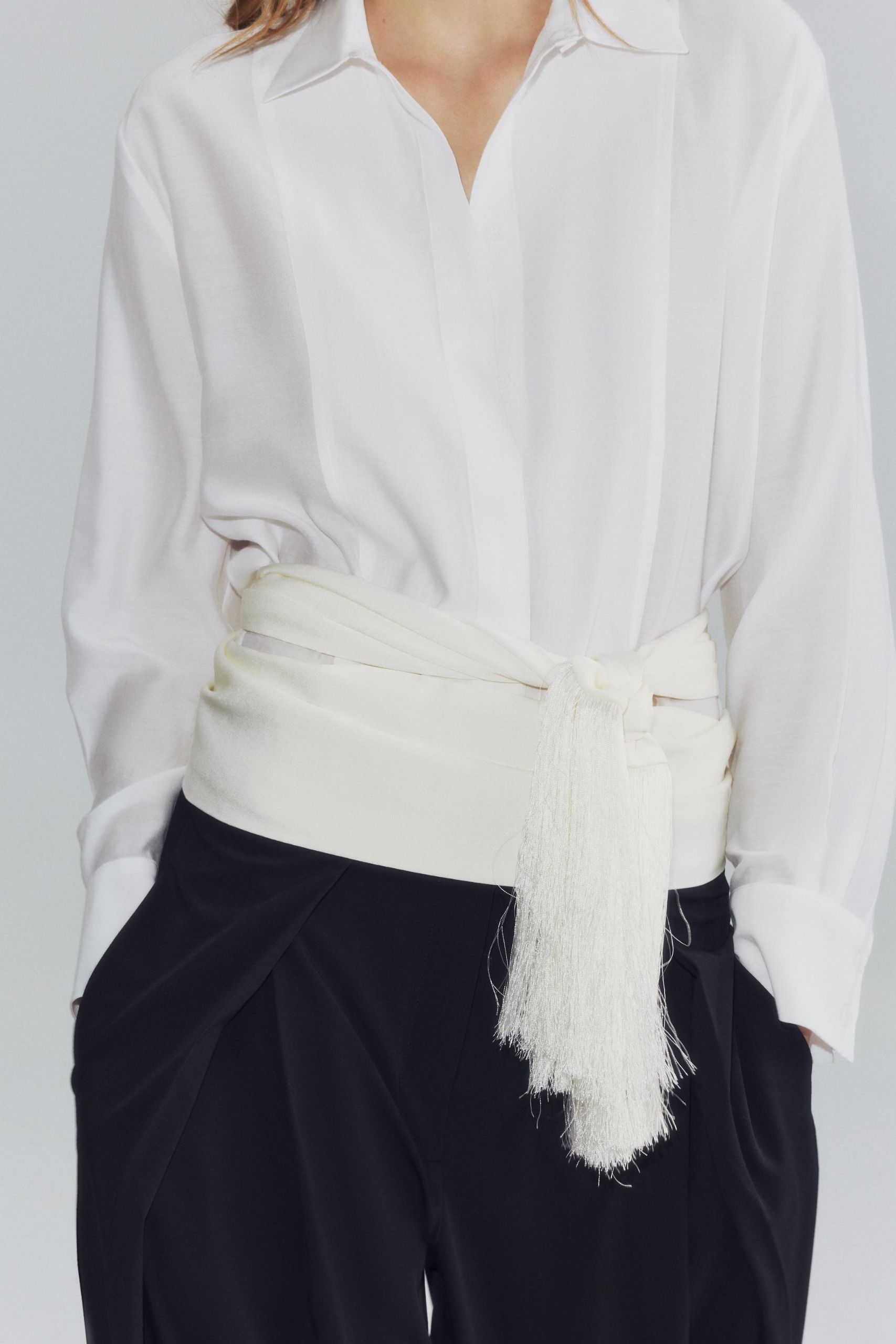 Fringed Tie-Style Scarf - Black - M