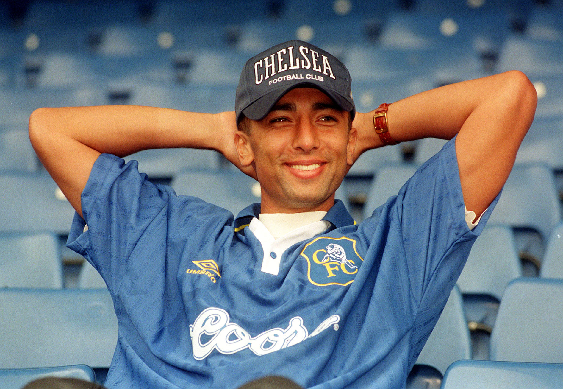 Roberto Di Matteo smiles for the cameras after signing for Chelsea, July 1996