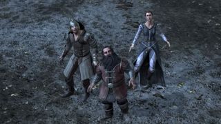 Lightly armored warriors look up at the sky in terror