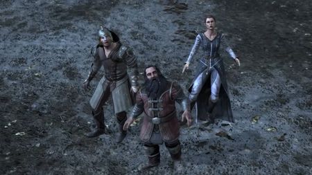 Lightly armored warriors look up at the sky in terror