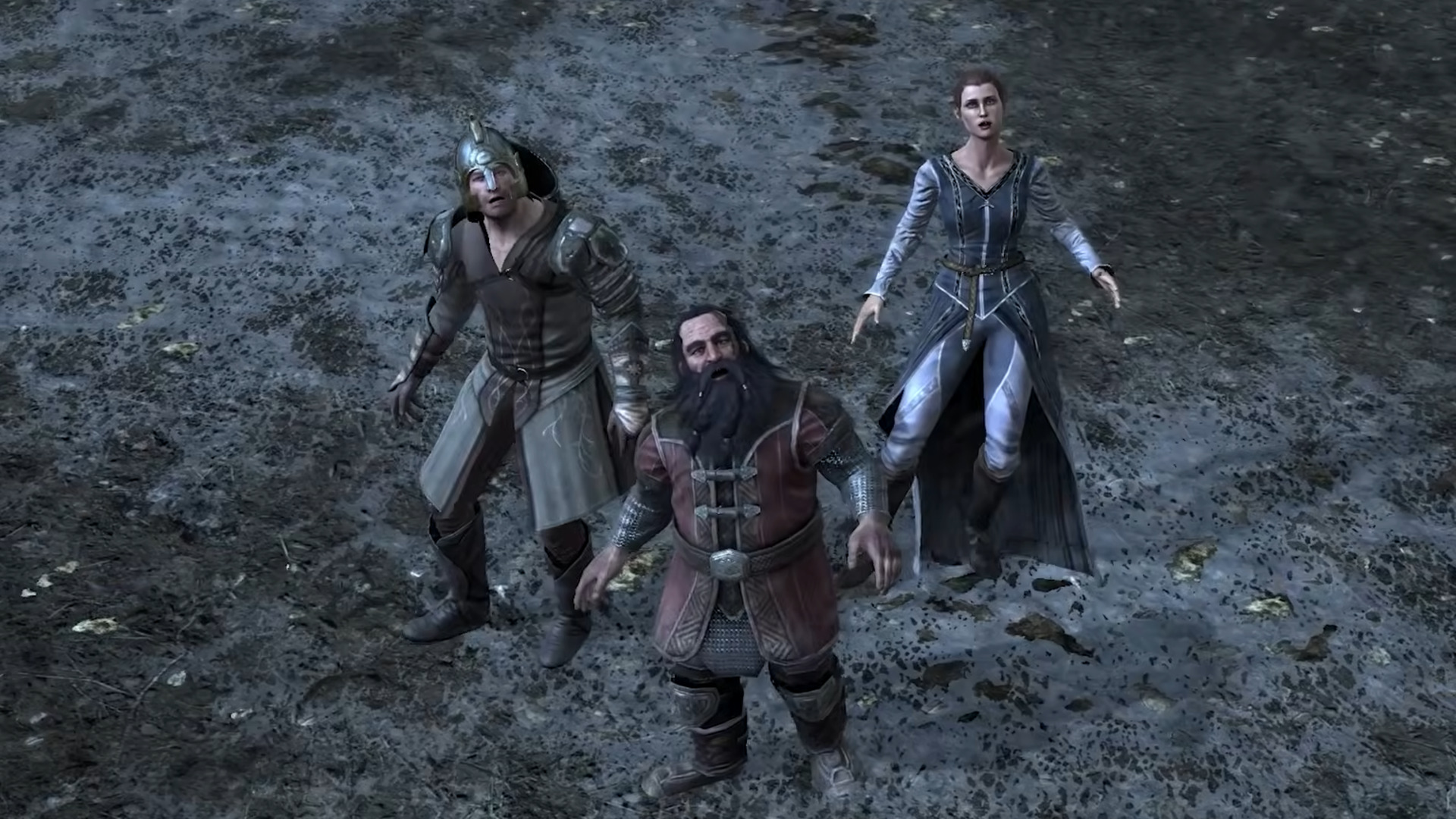 Lightly armored warriors look up at the sky in terror