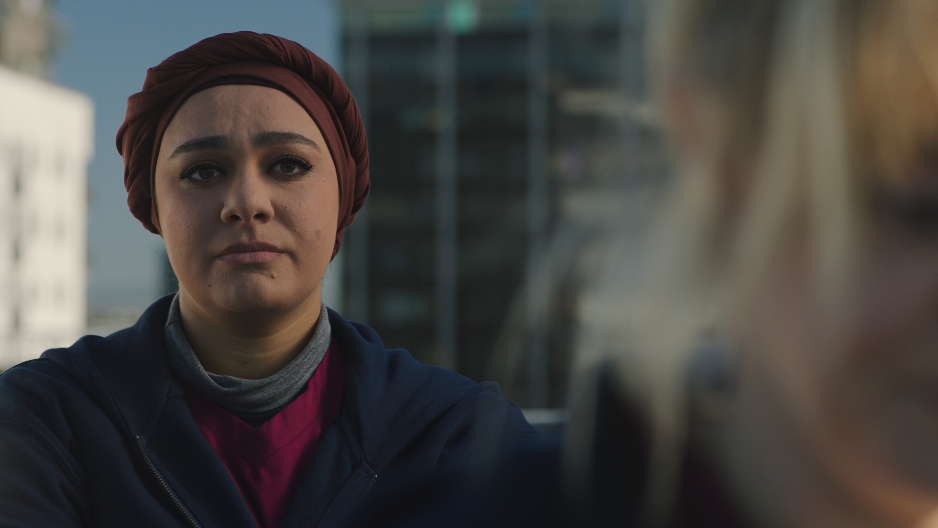 EMBARGOED 06/05/25 Rida Amaan talks to Nicole Piper on the roof of the hospital. 