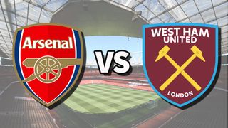 The Arsenal and West Ham United club badges on top of a photo of Emirates Stadium in London, England