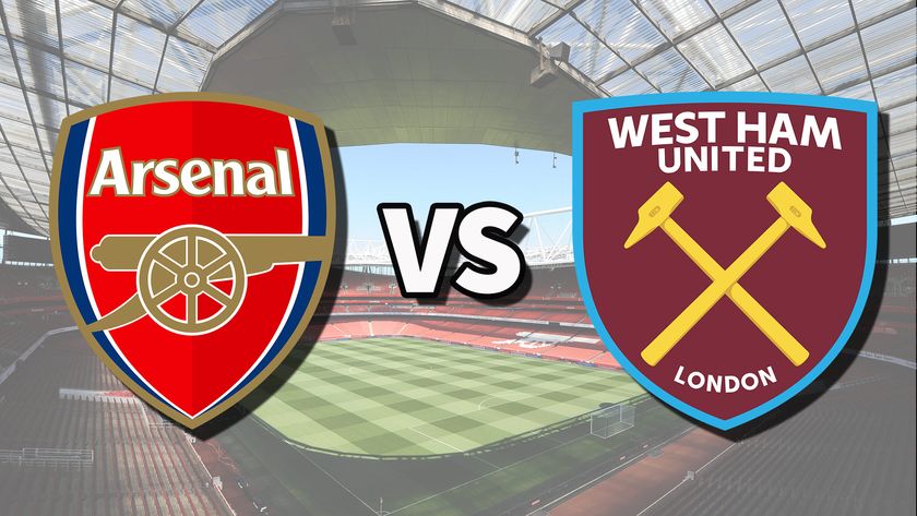 The Arsenal and West Ham United club badges on top of a photo of Emirates Stadium in London, England