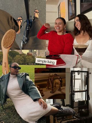 Collage featuring WWW editors at a table, a Pilates studio, a restaurant, a woman riding a bike, and an editor sitting outside at the park.