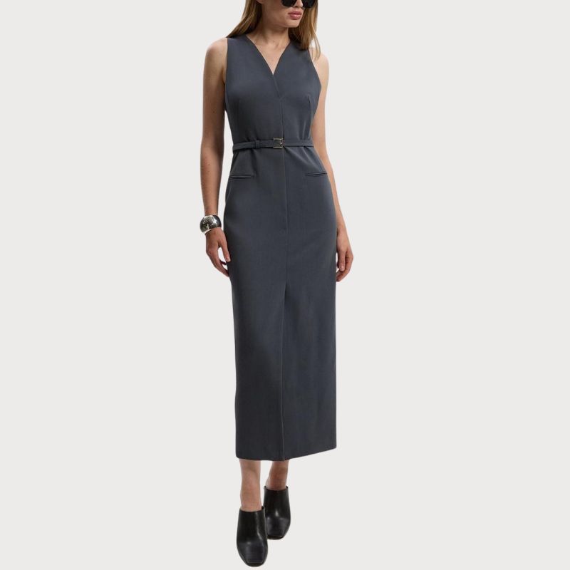 Tailored Twill Essential Sleeveless Belted Pencil Maxi Dress on model 
