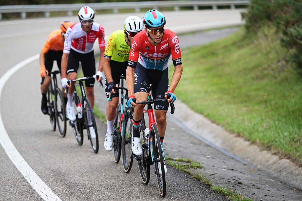 ARNUERO SPAIN SEPTEMBER 04 Jonas Gregaard of Denmark and Team Lotto Dstny competes in the breakaway during the La Vuelta 79th Tour of Spain 2024 Stage 17 a 1415km stage Arnuero to Santander UCIWT on September 04 2024 in Arnuero Spain Photo by Dario BelingheriGetty Images
