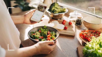 Woman using a calorie counter app to track nutritional content of vegetables and salad ingredients on wooden worktop in the sunshine, representing the question of why am I not losing weight in a calorie deficit