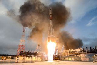 A Russian Soyuz-2.1a rocket launches the Meridian M communications satellite from the Plesetsk Cosmodrome in northern Russia, on Feb. 20, 2020.
