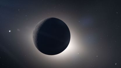 An image of the dark sphere of the moon in space as it blocks the sun, with a glowing sphere of light behind it. 