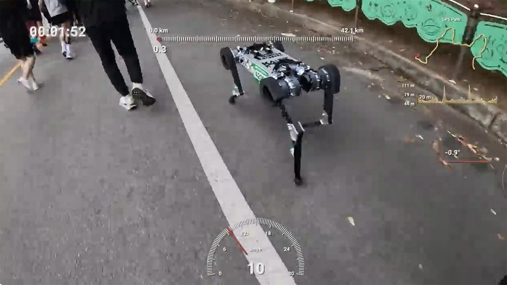 A robot dog walks on a roadway