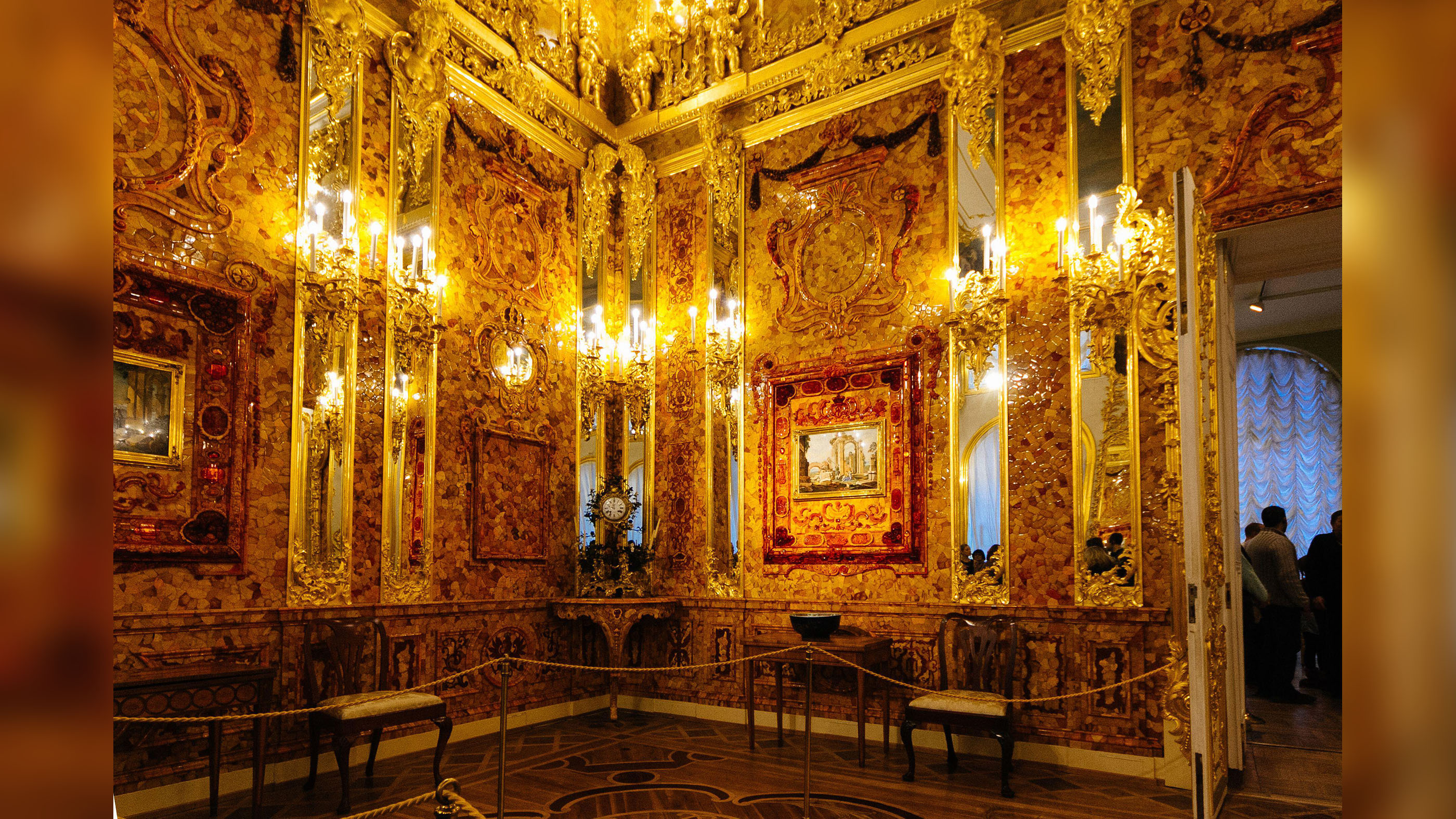 The interior of the Amber Room glistens in St. Petersburg, Russia.