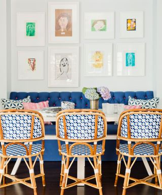 White dining nook with blue seating