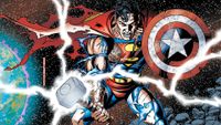 Superman in a battle-damaged costume brandishing both Mjolnir and Captain America's shield