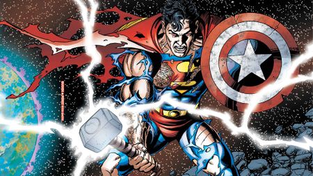 Superman in a battle-damaged costume brandishing both Mjolnir and Captain America's shield