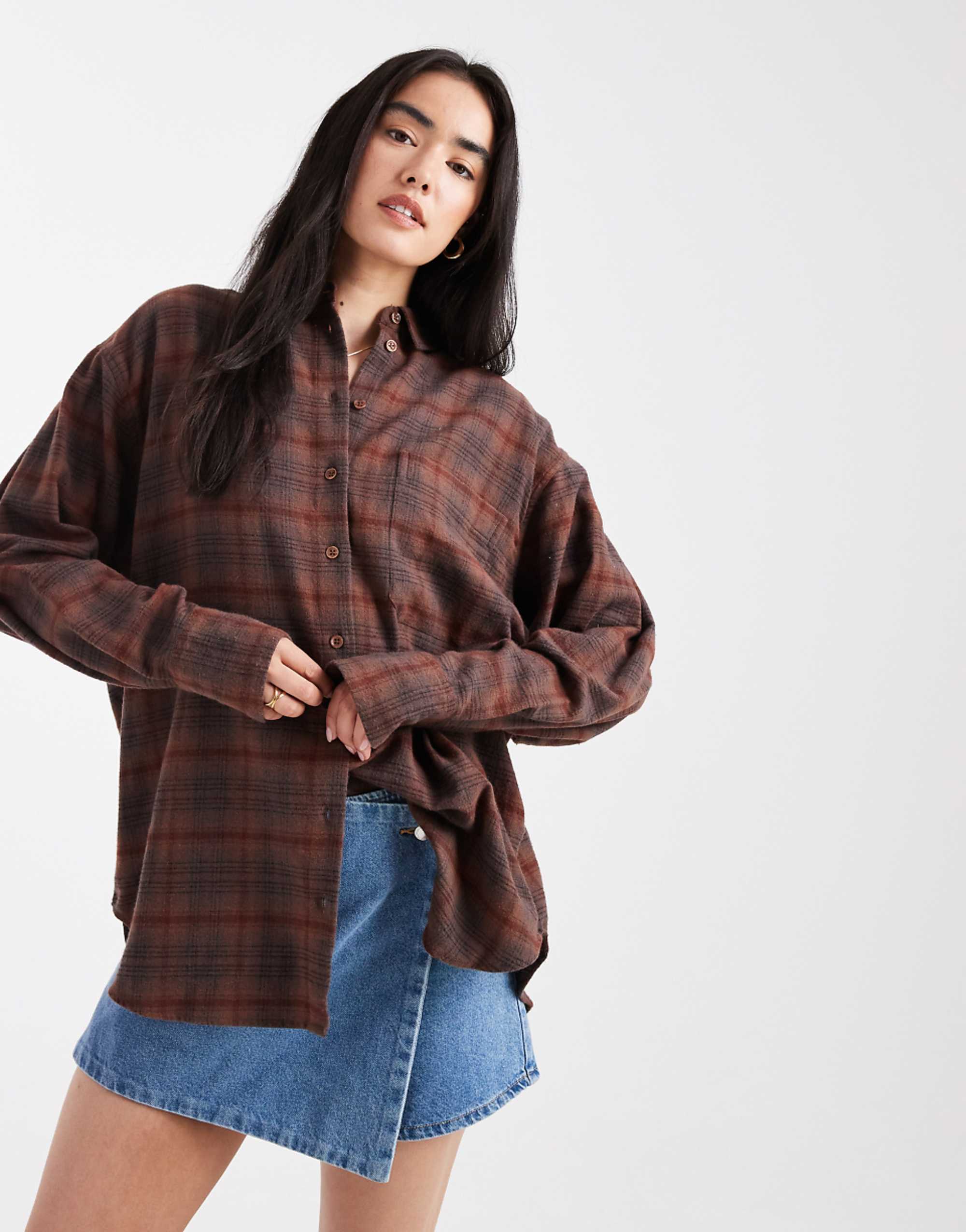 Asos Design Brushed Oversized Shirt in Brown Plaid