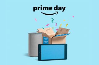 An Amazon Echo Dot, Amazon Kindle, and an Amazon package under the Prime Day logo