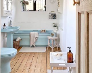 Small bathroom with wooden floors and blue bathtub