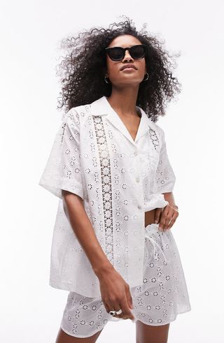 Eyelet Lace Inset Cotton Cover-Up Shirt