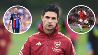 Arsenal manager Mikel Arteta with Thomas Partey and Sergio Busquets