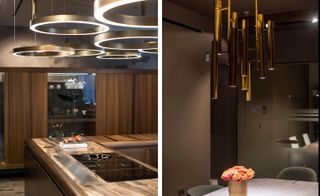 Two side-by-side photos featuring the circular light displays over the island kitchen and dinner table.