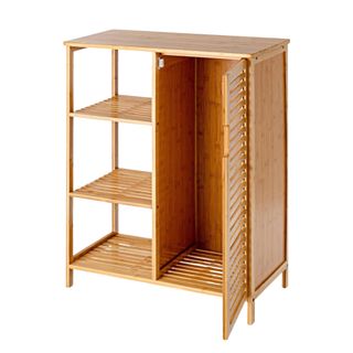 A wooden bathroom cabinet with a door and three shelves