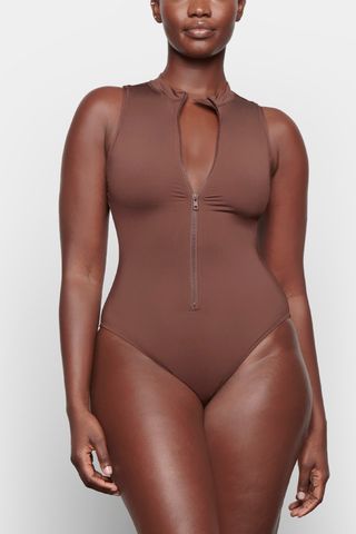 Signature Swim Zip Front Sleeveless One Piece in Cocoa