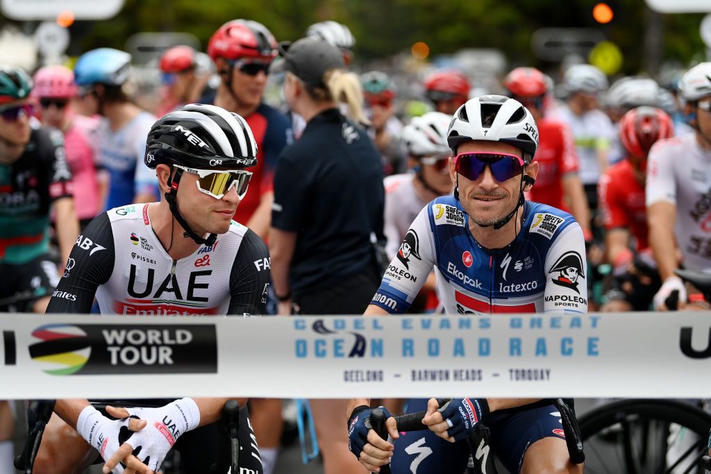 GEELONG AUSTRALIA JANUARY 29 LR Jay Vine of Australia and UAE Team Emirates and Dries Devenyns of Belgium and Team Soudal QuickStep prior to the 7th Cadel Evans Great Ocean Road Race 2023 Mens Elite a 1743km one day race from Geelong to Geelong CadelRoadRace on January 29 2023 in Geelong Australia Photo by Tim de WaeleGetty Images