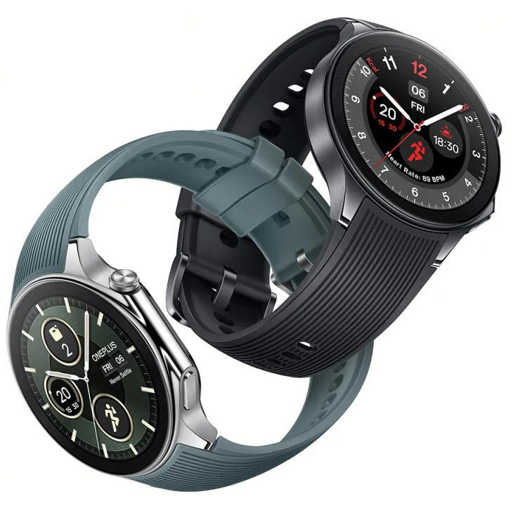 Render of two OnePlus Watch 2 watches with their bands looped together