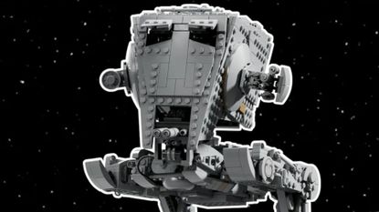 A Lego AT-ST Walker with a white outline, seen against a starry space background