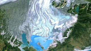 A satellite image of the Bering Glacier, in which one can see miles of ice, water and land