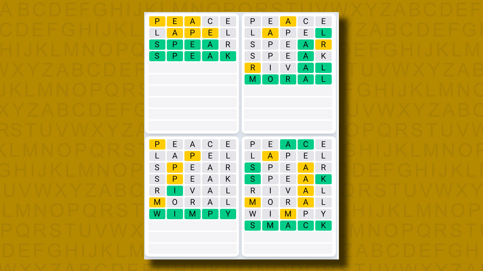 Quordle Daily Sequence answers for game 1300 on a yellow background