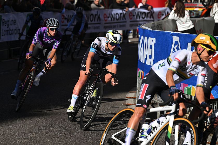 VARESE, ITALY - OCTOBER 07: Cat Ferguson of Great Britain and Team Movistar competes during the 5th Tre Valli Varesine Women&amp;apos;s Race 2025 a 137km one day race from Busto Arsizio to Varese on October 07, 2025 in Varese, Italy. (Photo by Dario Belingheri/Getty Images)