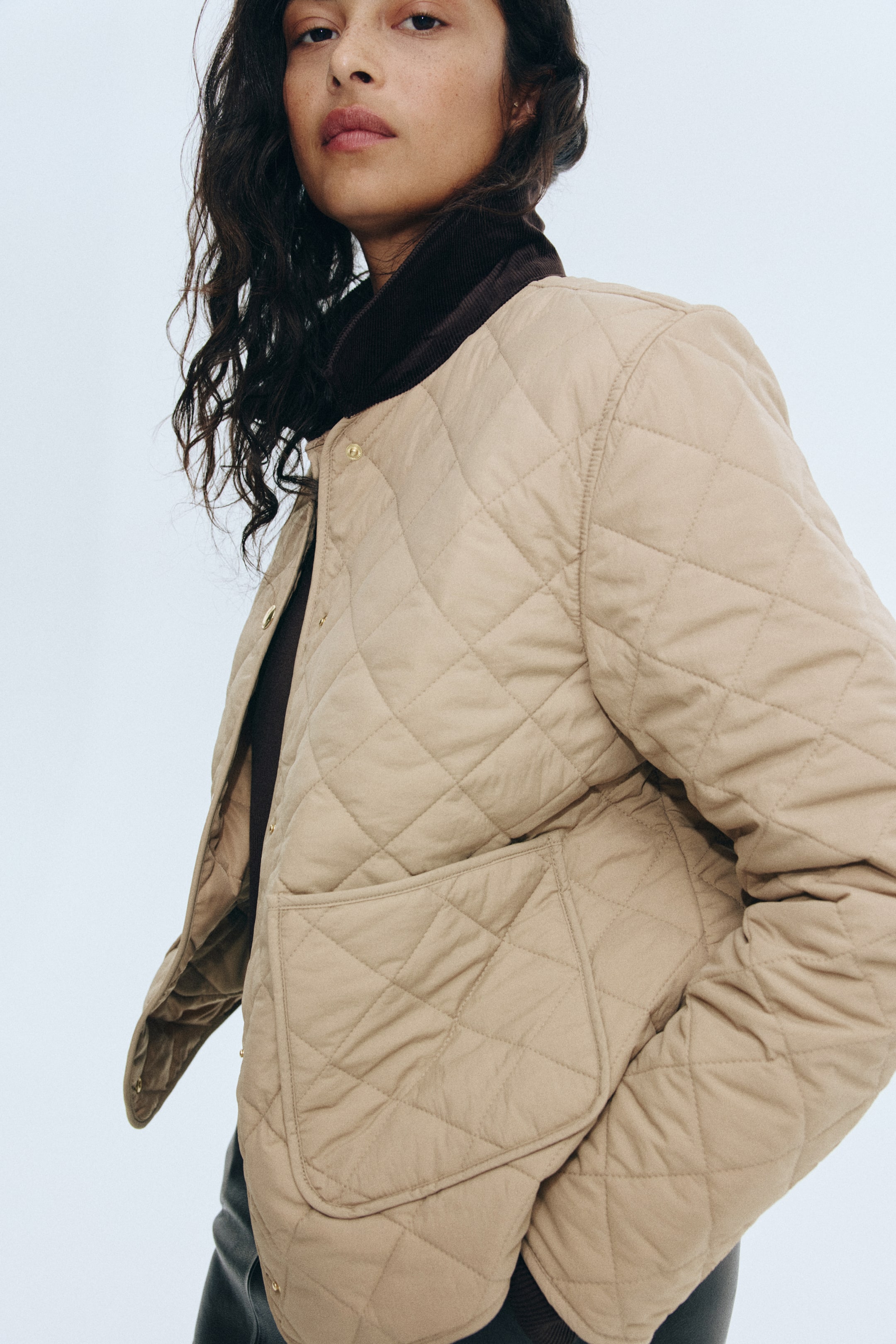 Quilted Jacket With Corduroy Collar - Dark Brown