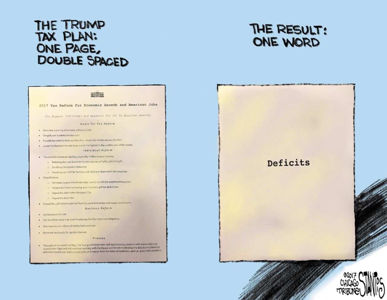 Political Cartoon U.S. President Trump tax code reform deficits