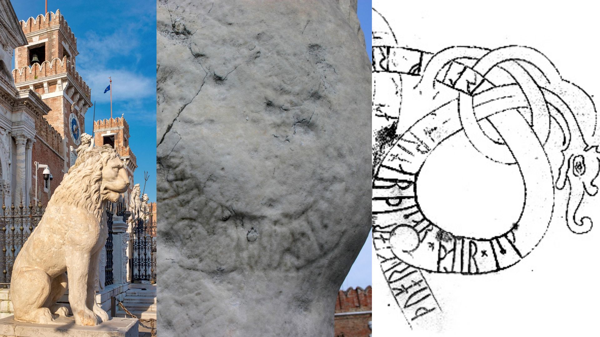 Three images side by side, with a stone lion on the left, a close up of the stone in the middle, and a drawing on the right.
