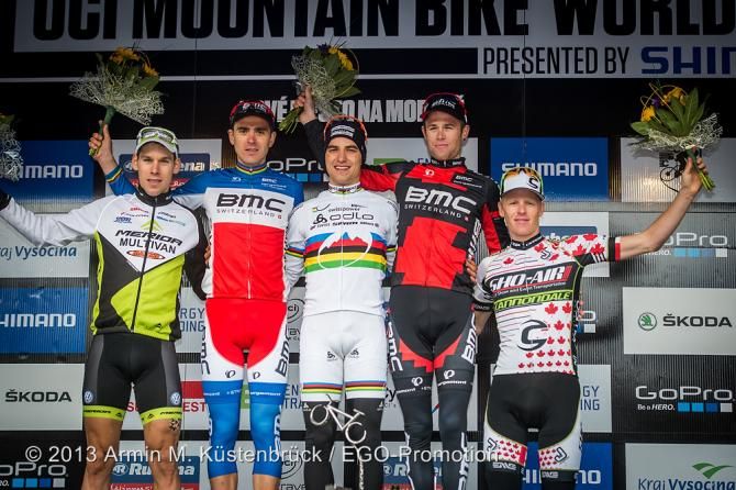 Thomas Litscher on the podium at the Nove Mesto World Cup