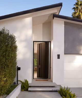 Modern home with white painted walls, black front door, green bush