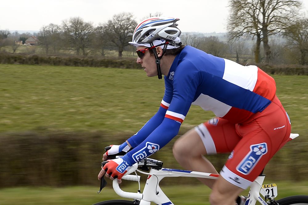 France's Arnaud Demare rides in the pack during the third stage of the 73rd edition of Paris-Nice.