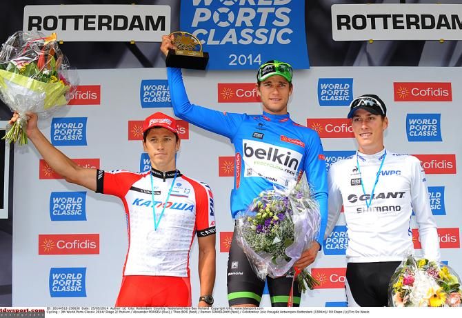 Belkin's Theo Bos on the top step of the podium at the World Port Classic