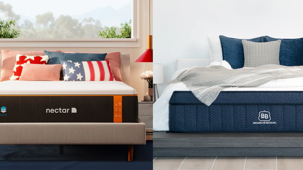 Image shows the Nectar Premier Copper mattress on the left and the Brooklyn Bedding Aurora Deluxe mattress on the right