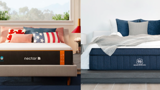 Image shows the Nectar Premier Copper mattress on the left and the Brooklyn Bedding Aurora Deluxe mattress on the right