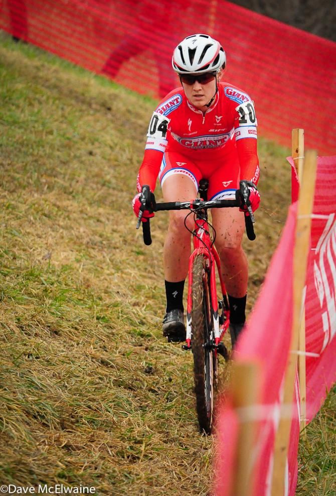 Elle Anderson (Cal Giant Berry Farms) riding a slick off-camber section of the course