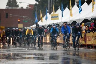 The peloton endures the rain in Santa Rosa.